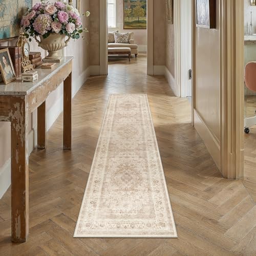 2x8 Beige Washable Runner Rug Non Slip Vintage Carpet - Image 3