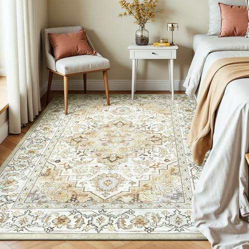 Lessymo Washable Area Rug 5x7 for Living Room, Soft Bedroom Boho Rugs Beige - Image 2