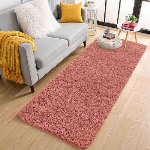 OLANLY 2x5 Machine Washable Runner Rugs for Hallway, Soft Fluffy Shaggy Bedside Rugs for Bedroom, Living Room, Indoor Floor Carpet for Kids Girls and Boys, Home Decor Aesthetic, Rust Red by OLANLY