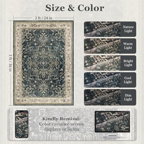 Vintage Distressed 2x3 Kitchen Rugs Washable Non Slip, Medallion Door Mat Indoor Entrance Entryway, Small Low Pile Rugs for Bedroom/Bathroom Vanity/Laundry Room, Midnight with Multi Accents - Image 2