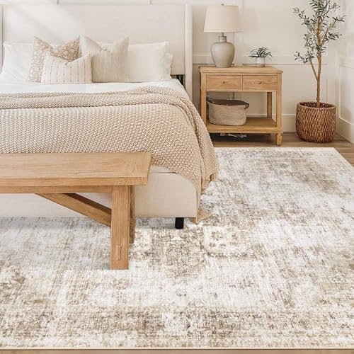 Area Rug 6x9 Washable Rug, Vintage Boho Medallion Rugs Non-Slip Soft Low Pile Large Distressed Rug Indoor Retro Carpet for Living Room Bedroom Dining Room Home Office (Brown, 6'x9') - Image 2