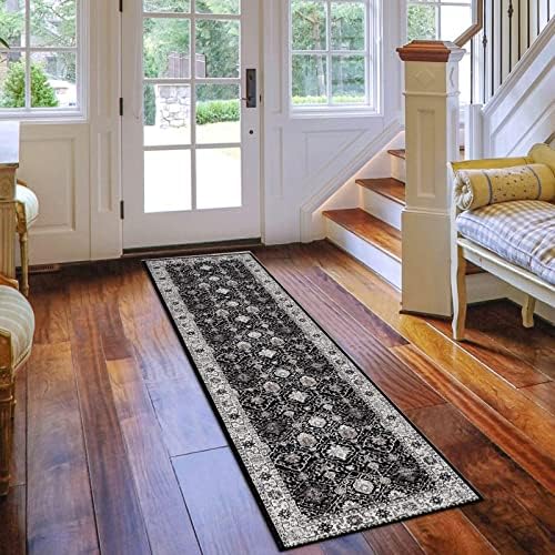Hallway Washable Runner Rug - 2x7 Kitchen Rugs Entryway Rug Runner Vintage Soft Floor Mat Non Slip Indoor Farmhouse Carpet for Bathroom Living Room Bedroom (2 X 7, Black) by HYHAOYUNLAI