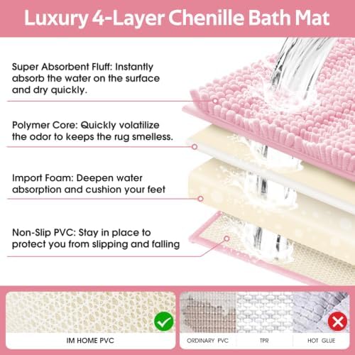 ACCUMTEK Christmas Striped Pink Bathroom Rug Set 3 Pieces Ultra Soft, Non Slip Chenille Toilet Mat, Absorbent Plush Shaggy Bath Mats for Bathroom, Bedroom, Kitchen - Image 5