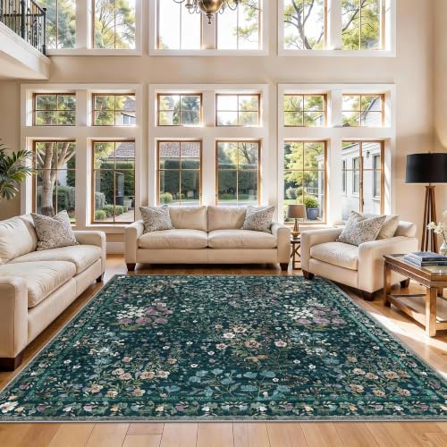 7x7 Vintage Floral Dining Room Rug - 7ft Square Low Pile Non Slip Machine Washable Area Rug, Indoor Carpet for Under Table/Bed Living Room Bedroom Office Nursery Entryway Playroom (7ft Square, Green) by YOUFORTONG