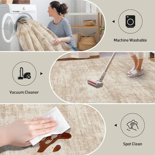 10x14 Area Rugs for Living Room: Washable Abstract Beige Bedroom Carpet - Image 4