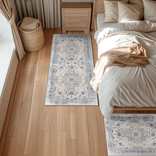 BESTSWEETIE Washable Boho 2x6 Runner Rug, No Pile, Living Room, Beige Blue - Image 2