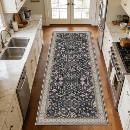 2'6 x 10' Runners Rug for Kitchen Washable (Charcoal Blush Ivory) - Image 3