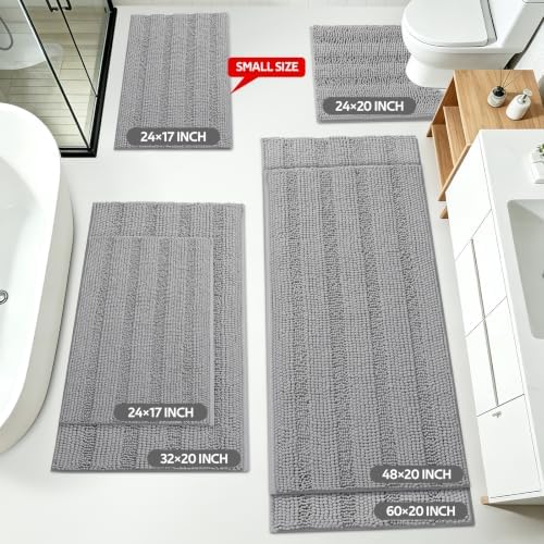 Striped Light Grey Bathroom Rug Mat Set 2 piece 32"x20"+24"x17" Ultra Soft, Non Slip Chenille Bath Rugs, Absorbent Plush Shaggy Bath Mats for Bathroom, Bedroom, Kitchen, Shower, Tub,Light Gray - Image 2
