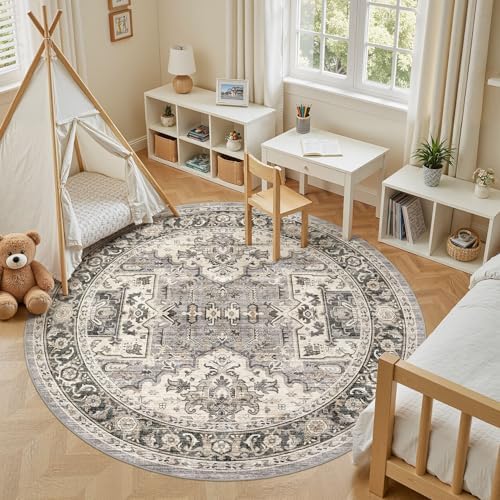 Area Rug for Living Room - 8x8 Soft Machine Washable Oriental Vintage Floral Distressed Large Indoor Floor Carpet for Bedroom Under Dining Table Home Office Decor - Brown - Image 5