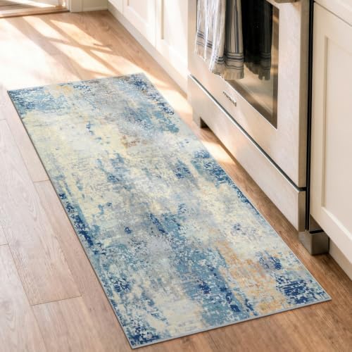 Lahome 2x4 Washable Hallway Runner Rug, Non Slip Runner Rug, Easy Clean Soft Stain Resistant Carpet for Entrance, Front Door, Door-Friendly Mat with Low Pile, 2 x 4 Blue/Ivory by Lahome
