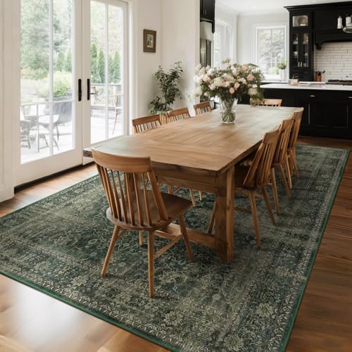 Dark Green 8x10 Rugs for Living Room, Vintage Distressed Large Rug for Bedroom Under Bed, Washable Non Slip Low Pile Moody Earth Tone Carpet Rugs for Dining Room Home Office - Image 4