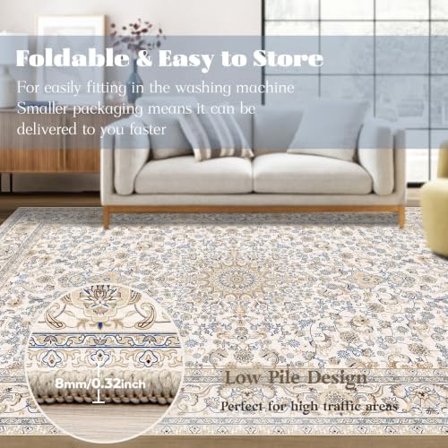 Area Rug 9x12 Washable Rug, Vintage Boho Medallion Rugs Non-Slip Soft Low Pile Large Distressed Rug Indoor Retro Carpet for Living Room Bedroom Dining Room Home Office (BeigeBlue, 9'x12') - Image 7