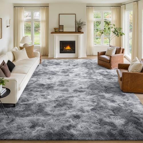 FinRèc Home 9x12 Non-Slip Fluffy Area Rugs for Living Room (Tie-dye Grey) by FinRe%CC%80cHome