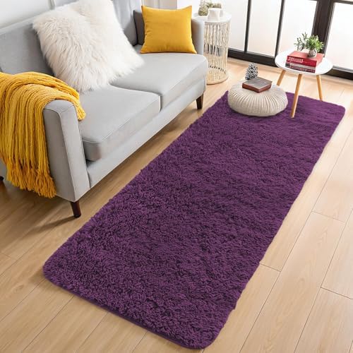 OLANLY 2x5 Machine Washable Runner Rugs for Hallway, Soft Fluffy Shaggy Bedside Rugs for Bedroom, Living Room, Indoor Floor Carpet for Kids Girls and Boys, Home Decor Aesthetic, Dark Purple by OLANLY