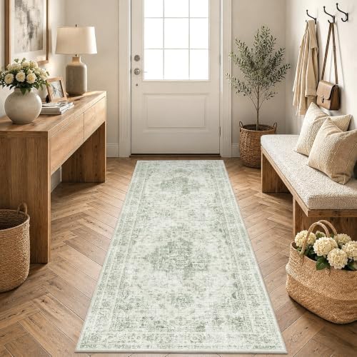 2x6 Washable Kitchen Runner Rug Non-Slip Medallion Green Throw Carpet - Image 2