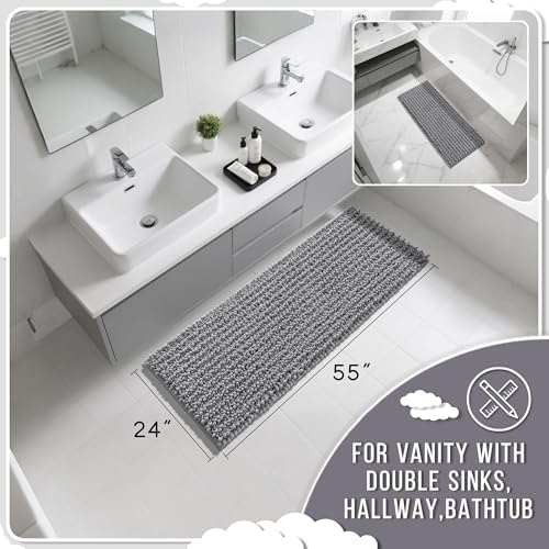 Yimobra Bathroom Runner Rug 55x24 Inch - Extra Long Non Slip Chenille Bath Mat, Soft & Absorbent, Machine Washable Shaggy Hallway Carpet for Vanity Tub Shower, Gray Home Decor Accessories - Image 2