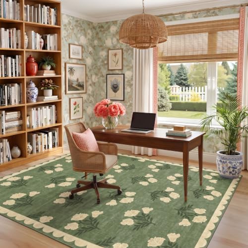 5x7 Living Room Area Rug - Green Boho Floral Scalloped Bedroom Rug - Image 7
