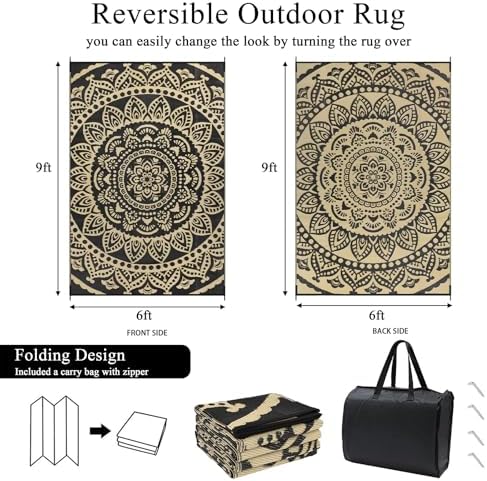Bsmathom Waterproof Outdoor Rug 6'x9' Reversible Boho Plastic Straw Patio Deck Camping Rugs, Indoor Outdoor Portable RV Mat Clearance Carpet for Outside, Porch, Balcony, Backyard, Beach, Pool,Black - Image 2