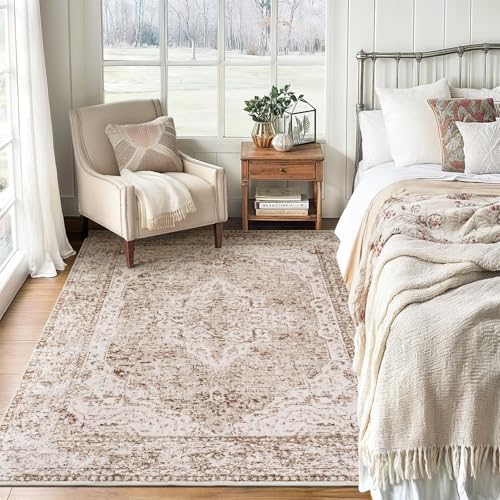 Lofus 3x5 Area Rugs for Living Room, Machine Washable Area Rug, Soft Small Rugs for Bedroom, Kitchen, Office and Indoor, Vintage Boho Carpet, Non-Slip Low Pile Carpets, Vintage Beige Brown - Image 2