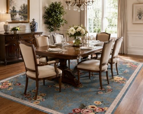 Helthep 5 * 7ft Blue Floral Vintage Washable Area Rug for Living Room - Image 3
