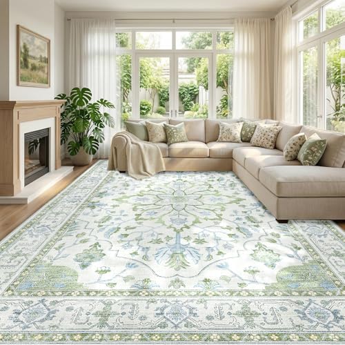 RELEANY Washable Area Rug, Large 10'x14', Green/White/Blue by RELEANY