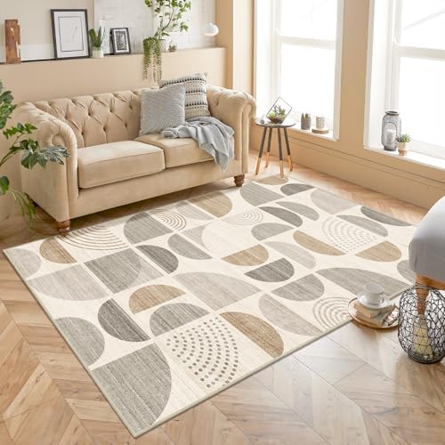 MUJOO Boho Rug Washable,4x6.5 Area Rugs for Bedroom Living Room Bedside Office,Throw Floor Carpet Non Slip Soft Indoor Modern Abstract Bohemian Neutral Beige - Image 2