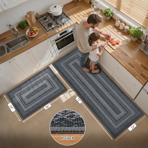 HEBE Faux Jute Kitchen Rugs Set of 2, Washable Kitchen Mats for Floor - Image 2