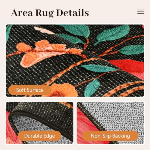 8x10 Ft Washable Area Rug for Living Room Black Vintage Floral Carpet - Image 6