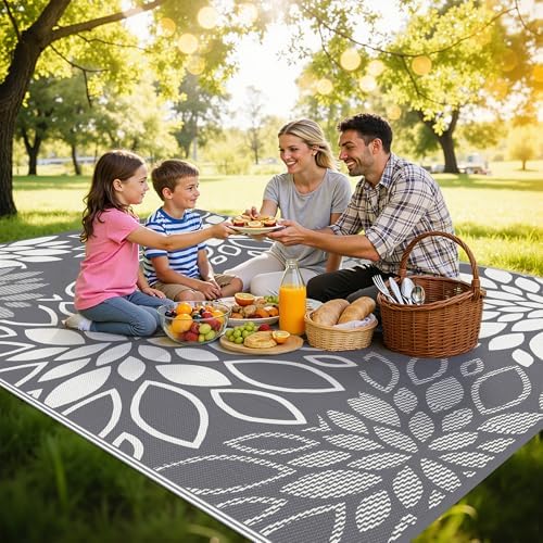 HEBE Waterproof Outdoor Rug 9'x12', Floral Reversible Plastic Patio Rug - Image 3