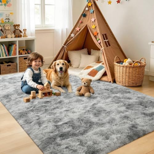 4x6 Tie-Dyed Grey Fluffy Soft Area Rug Non-Slip for Bedroom Living Room - Image 4
