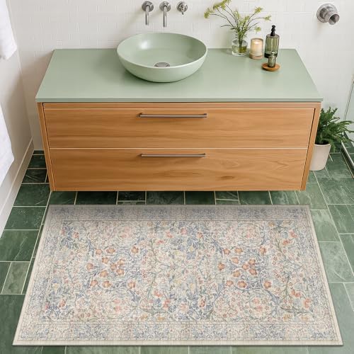 Washable 2x4 Rug Non Slip - Beige Blue Small Area Rugs for Entryway, Bathroom, Vintage Cream Floral Style Rug for Kitchen, Laundry Room - Image 3