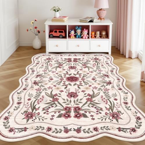 Scalloped Floral Rug 5x7, Burgundy Ivory Washable Non Slip Area Rug for Girls Bedroom, Soft Low Pile Cottagecore Carpet for Nursery, Dorm, Kids Room, or Living Room - Image 2