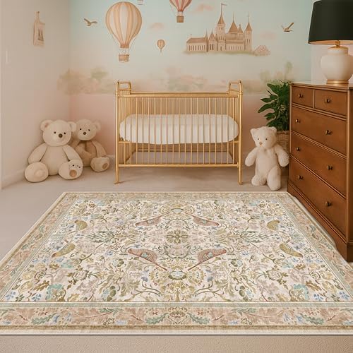 Washable Area Rug 4x6 for Living Room - Boho Western Nature Rugs for Bedroom, Kitchen, Office, Large Entryway, Rustic Botanical Decor, Non-Slip Low Pile Beige Ultra Soft Bird Carpet - Image 6