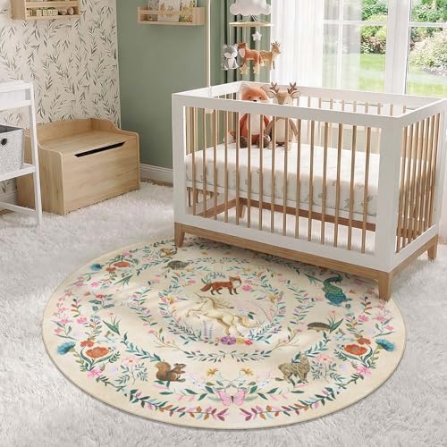 jinchan 5ft Round Kids Rug Washable Whimsical Nursery Playroom Rug, Cream - Image 2
