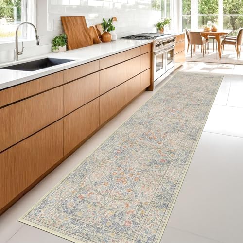 Hazo Haus Washable Beige Blue 2x10 Runner Rug for Hallway Kitchen Mudroom, Non-Slip Stain Resistant Extra Long Floor Mat 10 ft - Vintage Floral Aethestic Decor - Image 3