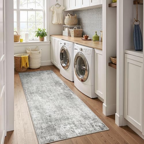 RELEANY Washable Runner 2'x10' Abstract Area Rug for Hallway Gray White - Image 3