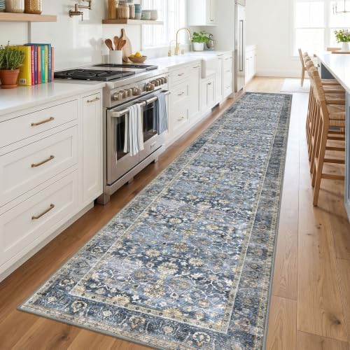 KUTA Vintage Washable Long Wide Runner Rug 3x18 Blue Grey Beige - Image 2