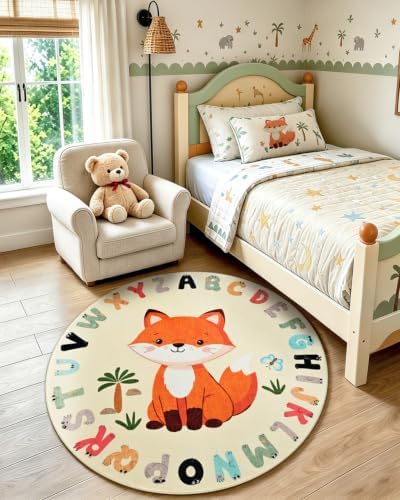 TWINNIS Kids Animal Print Round Rug for Playroom, Alphabet Washable Area Rugs for Boy Girl Baby Toddler Children, 4x4 Cute ABC Mat Play Carpet Nursery Bedroom Decor, Fox - Image 7