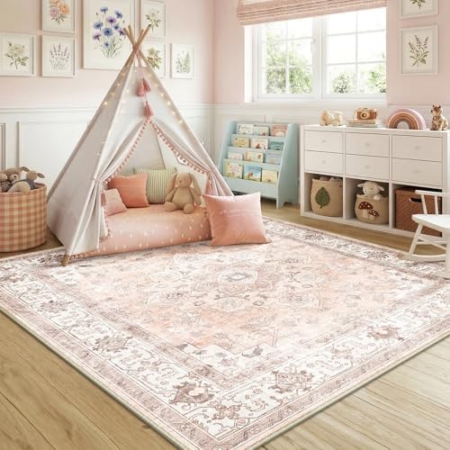 CAPALOCA Square 6ft Washable Nursery Girls Low Pile Area Rug Pink - Image 3