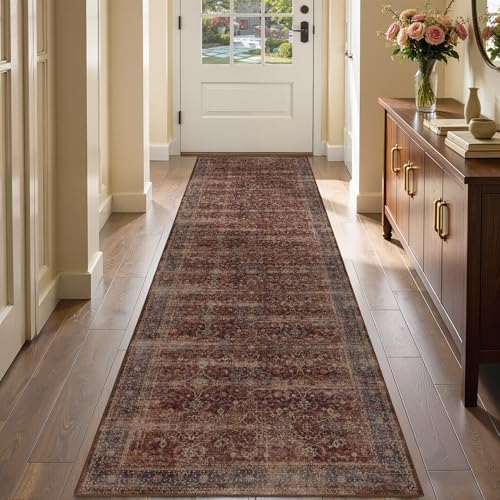 Vintage 2x8 Kitchen Runners Brick Red, Washable Non Slip Runner Rug for Hallway Entryway, Ultra Thin Low Pile Print Carpet Runner for Bathroom/Mudroom/Corridor/Laundry Room, Rustic Farmhouse by Jainmy
