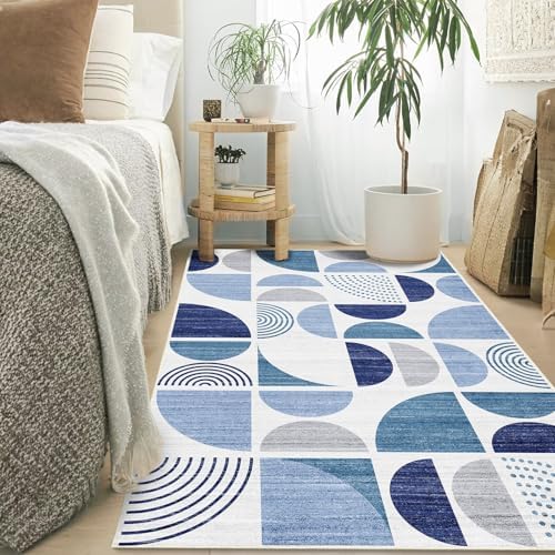 MUJOO 3x5 Rug Washable,Blue Boho Area Rugs Small Non Slip Modern Abstract - Image 2