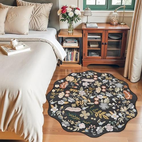 Washable Scalloped 4ft Round Rug: 4x4 Boho Floral Circle Area Rug Black - Image 5