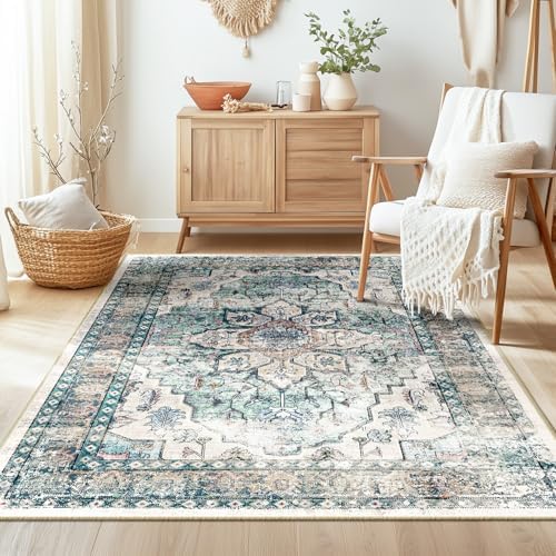 BESTSWEETIE Washable Boho 4x6 Area Rug, No Pile for Living Room, Green by BESTSWEETIE