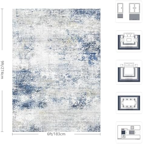 6x9 Area Rugs, Abstract Modern Ultra Soft Washable Rug, Non Slip Carpet with Rubber Back Stain Resistance Rugs for Living Room, Bedroom, Dining Room Decor(Blue & White) - Image 2