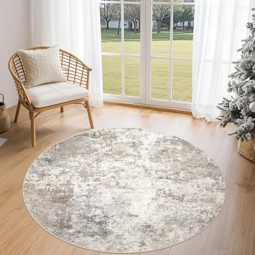 UERMEI 4ft Round Area Rug Living Room Rugs - 4x4 Washable Neutral Modern Abstract Soft Thin Rug Indoor Floor No Slip Rug Carpet for Bedroom Under Dining Table Home Office Decor - Brown Grey by UERMEI