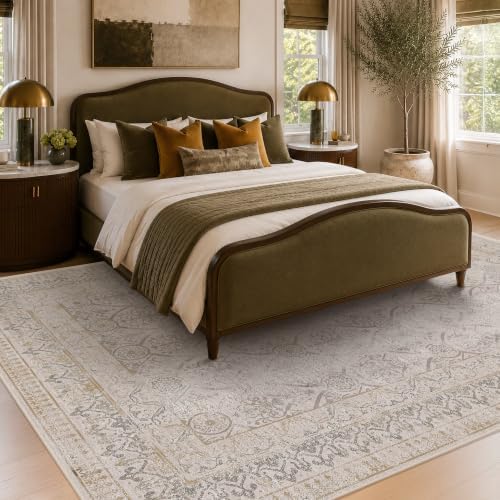 Ivory Vintage Washable 5x7 Area Rug for Small Living Room, Non-Slip Distressed Rug for Entryway & Bedroom, Low Pile Stain Resistant Floor Carpet, Modern Farmhouse Décor - Image 6