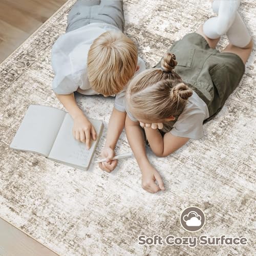 Area Rug 9x12 Washable Rug, Vintage Boho Medallion Rugs Non-Slip Soft Low Pile Large Distressed Rug Indoor Retro Carpet for Living Room Bedroom Dining Room Home Office (Taupe, 9'x12') - Image 4