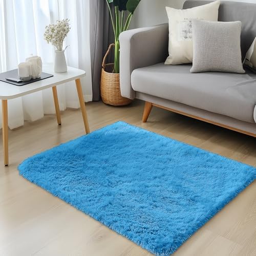 OLANLY 3x5 Machine Washable Small Bedside Rug, Soft Fluffy Shaggy Rugs for Living Room, Bedroom, Indoor Floor Carpet for Kids Girls and Boys, Preppy Dorms, Nursery, Home Decor Aesthetic, Bright Blue - Image 3