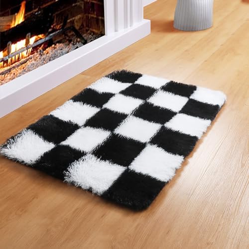 KICMOR Small Rug for Bedroom, 2x3 Fluffy Soft Black and White Checkered Rug Fuzzy Shaggy Bedside Carpet, Indoor Furry Plush Small Throw Rug for Living Room Nursery Kids Girls Boys Room Home Decor - Image 6