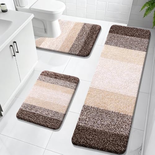 OLANLY Microfiber Bathroom Rugs Sets 3 Piece, Absorbent Bath Mats, Brown by OLANLY